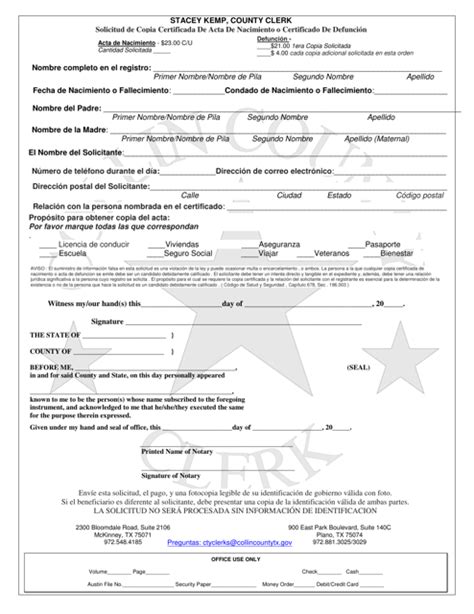 Collin County Texas Application For Certified Copy Of Birth Or Death Certificate Mail In