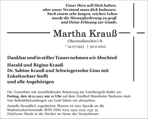 Traueranzeigen Von Martha Krau Trauerportal Ihrer Tageszeitung