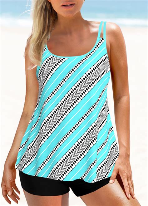 Asymmetric Stripe Print Cyan Swimdress Top Usd 39 98