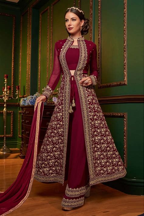 Maroon Colour Faux Georgette Party Wear Semi Stitched Palazzo Pant Suit