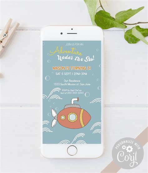 Editable Submarine Birthday Party Invitatione Invitemobile Invitationtemplate Phone Invite