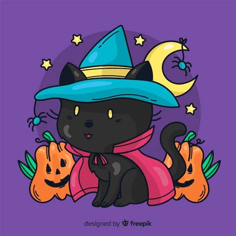 Lindo Gato Negro De Halloween Dibujado A Mano Vector Gratis