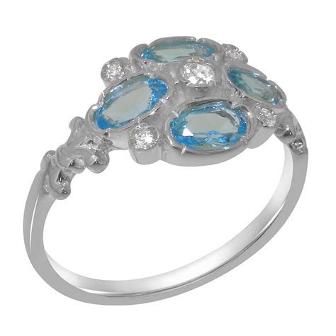 Solid 925 Sterling Silver Natural Diamond & Blue Topaz Womens Ring