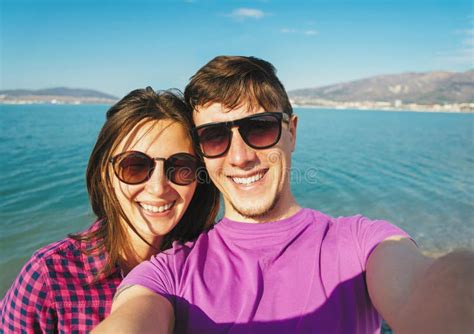 Happy Couple In Love Taking Self Portrait On Beach Stock Photo Image