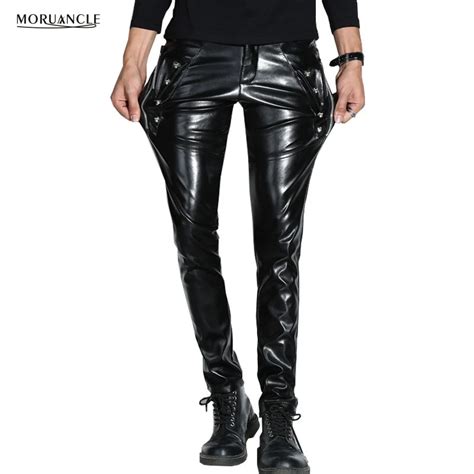 Moruancle Men Skinny Faux Pu Leather Pants Shiny Black Trouser