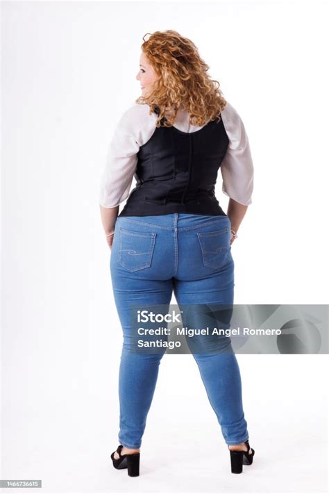 Plus Size Fashion Model In Denim Clothes And White Shirt On White Background Overweight Female