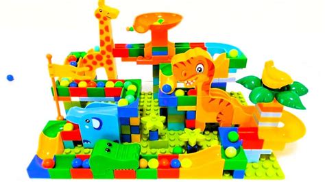 Marble Run ASMR 7 Different Colorful Building Blocks Dinosaur Coasters