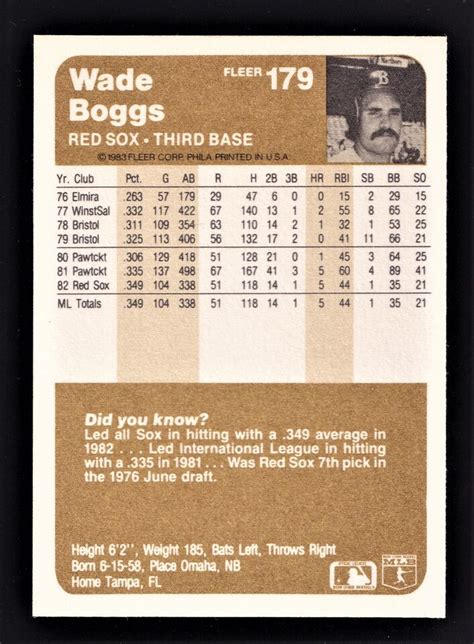 Fleer Wade Boggs Rookie Rc Boston Red Sox Hof Very High Grade