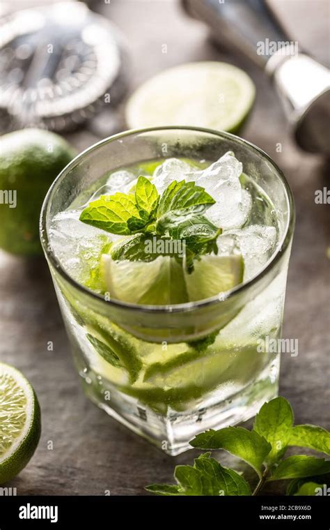 Mojito Cocktail Drink With White Rum Lime Mint Herbs And Soda On The