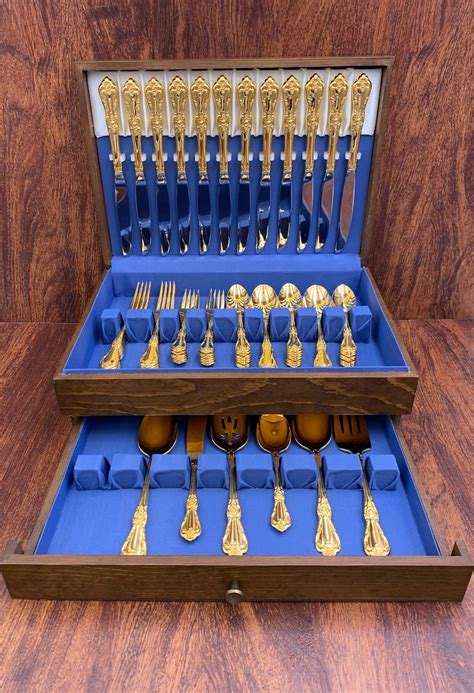 Gold Flatware Set Service For 12 Vintage Oneida Golden Luxury Flatware