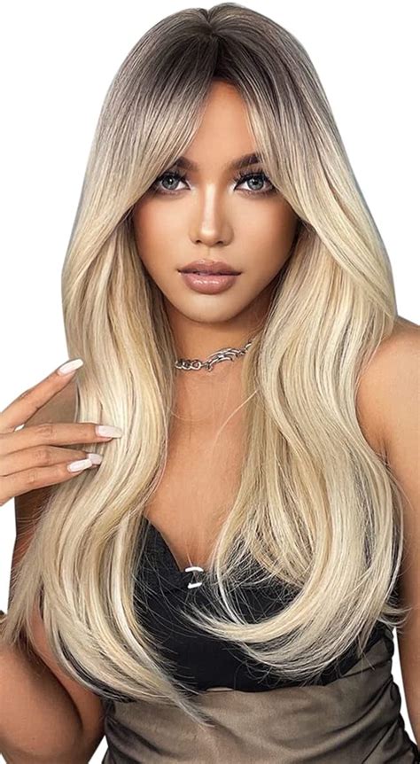 Lanova Ombre Brown Light Blonde Wigs With Bangs Synthetic Hair