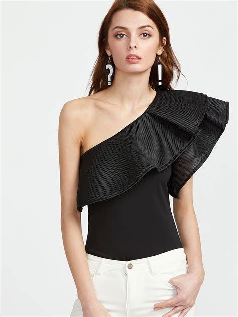 One Shoulder Layered Ruffle Trim Bodysuit SheIn Sheinside