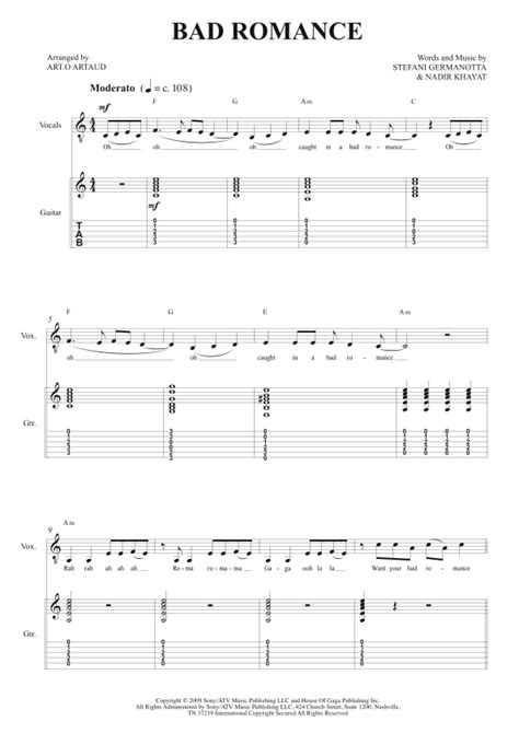 Bad Romance Arr Art O Artaud By Lady Gaga Sheet Music For Guitar Tab