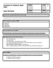 CAUSES OF WW1 QUIZ REVISION Pdf CAUSES OF WORLD WAR ONE NAME DAY