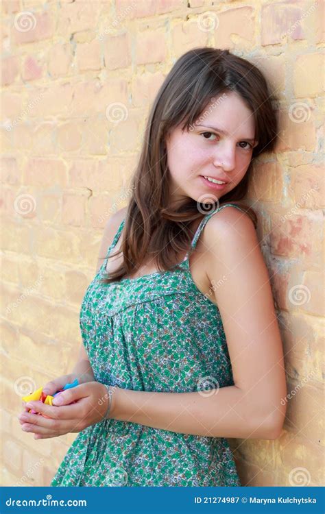 Smiling Young Cute Girl Over Brick Wall Stock Image Image Of Summer