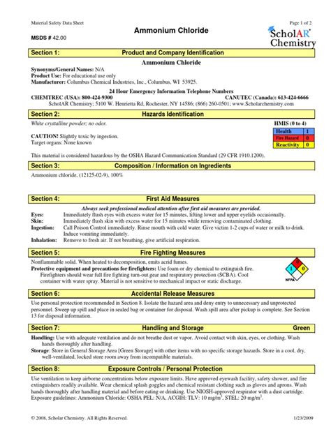 MSDS Sheets Ammonium Chloride | PDF | Firefighter | Physical Sciences