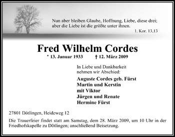 Traueranzeigen Von Fred Wilhelm Cordes Nordwest Trauer De