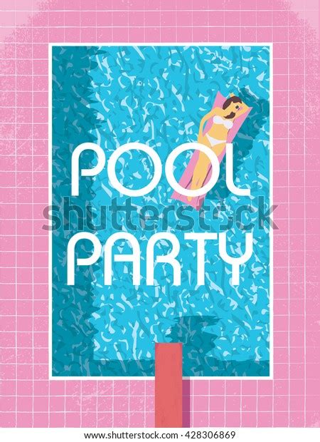 Pool Party Poster Template With Sexy Woman In Bikini Sunbathing S Retro Vintage Style Vector