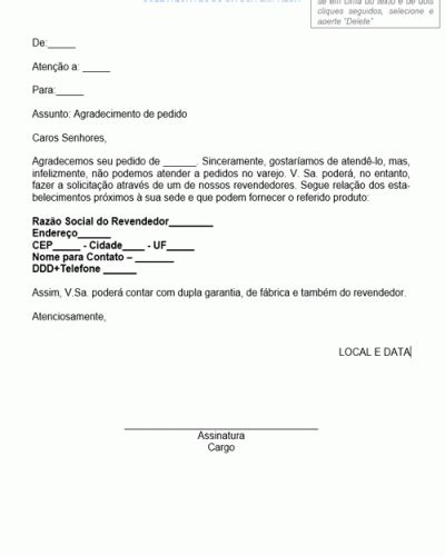 Modelo De Carta De Agradecimento Por Pedido E Comunicado De