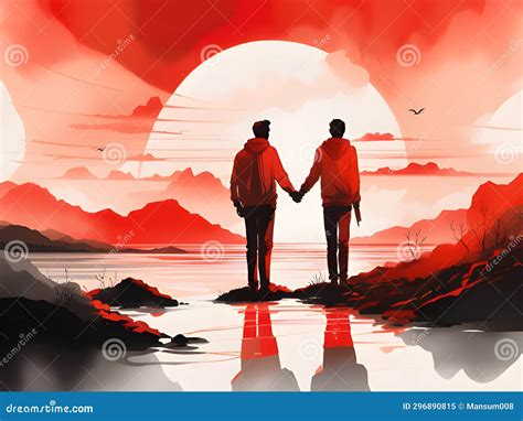 Two Men Standing And Holding Hands And Looking Into The Distance Stock
