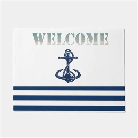 Nautical Boat Name Anchor Navy Blue White Stripes Doormat Zazzle