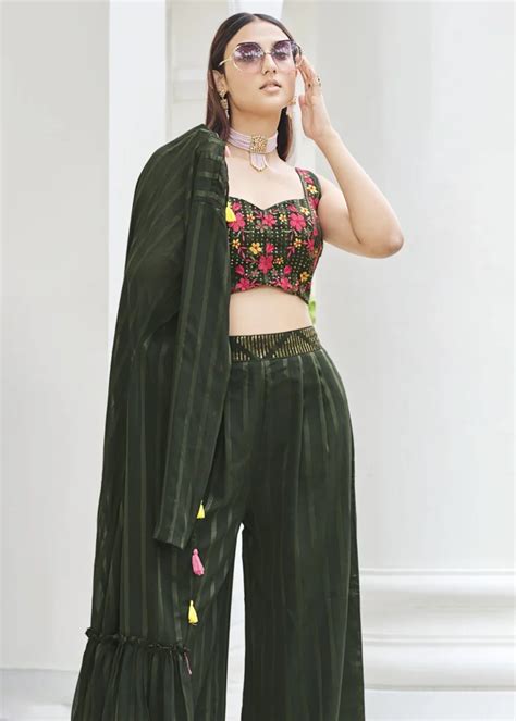 Dark Olive Green Crop Top Palazzo Set With Shrug Urban Womania