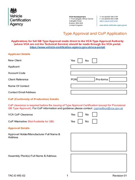 Fillable Online Vca Type Approval And Cop Application Form Fax Email