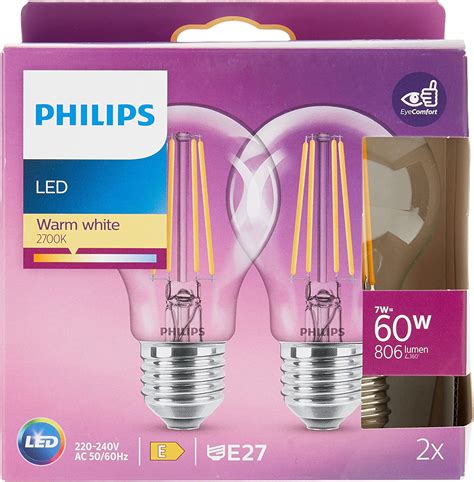 Philips Led Classic A60 Light Bulb 2 Pack E27 Edison Screw 7w 60w Equivalent Warm White