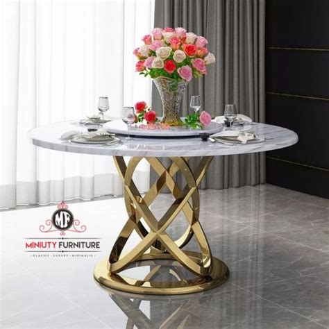 Meja Makan Kaki Stainles Mewah Top Marmer Miniuty Furniture