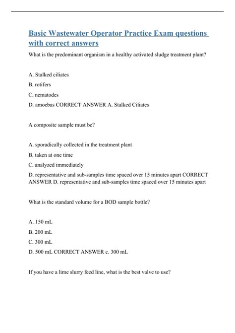 Basic Wastewater Operator Practice Exam Questions With Correct Answers