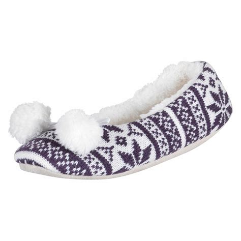 Womens Snoozie Slippers Fair Isle Knitted Ladies Ballet Ballerina