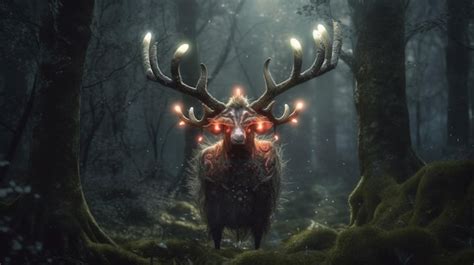 Premium AI Image | A deer with glowing eyes stands in a dark forest.