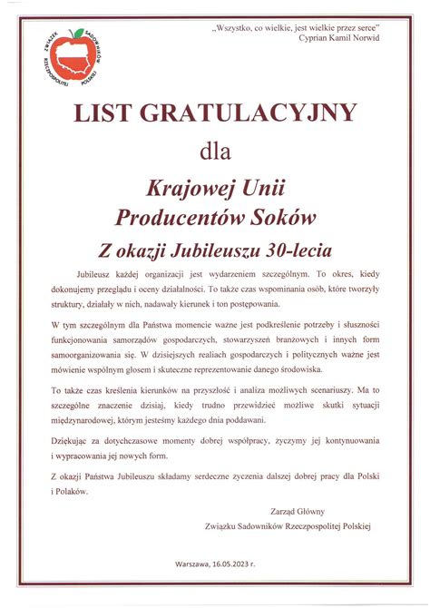 Gratulacje Otrzymane Z Okazji Jubileuszu Lecia Stowarzyszenia