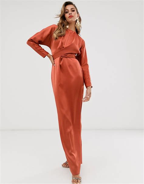 Asos Design Satin Maxi Dress With Batwing Sleeve And Wrap Waist In Rust