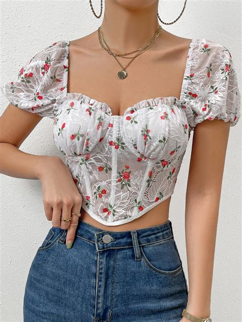 Shein Priv Top Impress O Floral Manga Bufante Bainha De Bandana Busti