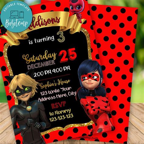 Editable Miraculous Ladybug Birthday Invitation Instant Download | Bobotemp