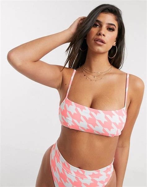 Asos Design Square Neck Skinny Crop Bikini Top In Hounds Tooth Print