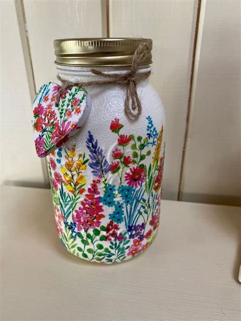 Mason Jar Decoupaged With Bright Summer Flowers Etsy Mason Jars