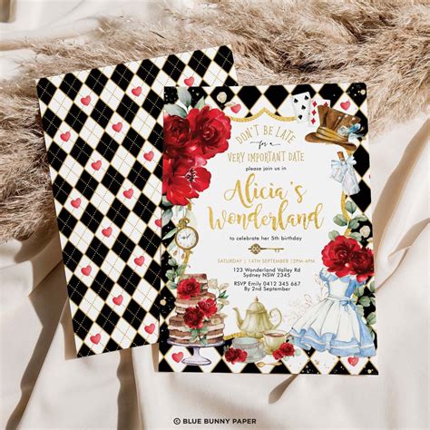 Alice In Wonderland Birthday Invitation Red Floral Onederland 1st Birthday Invite Mad Hatter