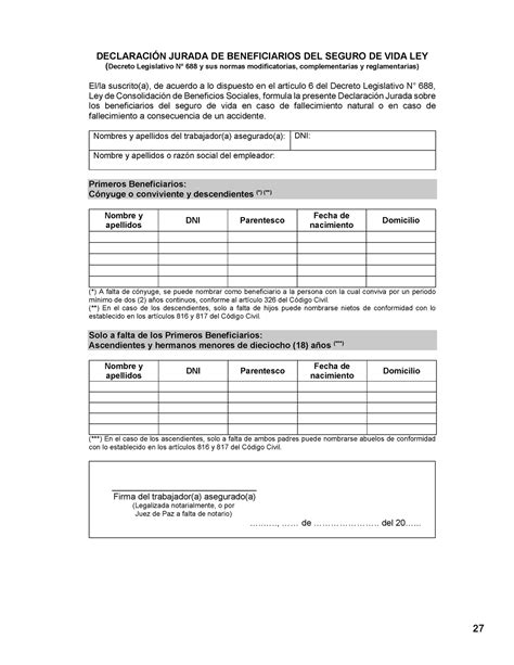 Declaracion De Vida Ley DeclaraciÓn Jurada De Beneficiarios Del