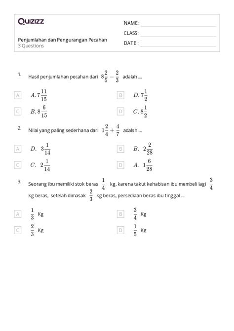 50 Lembar Kerja Penjumlahan Dan Pengurangan Pecahan Untuk Kelas 7 Di