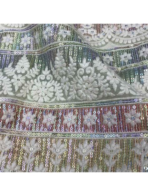 Pastel Green Rainbow Sequence Embroidery Georgette Fabric With Border