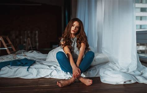 Girl Model Blue Eyes Barefoot Jeans Brunette Sitting Shirt