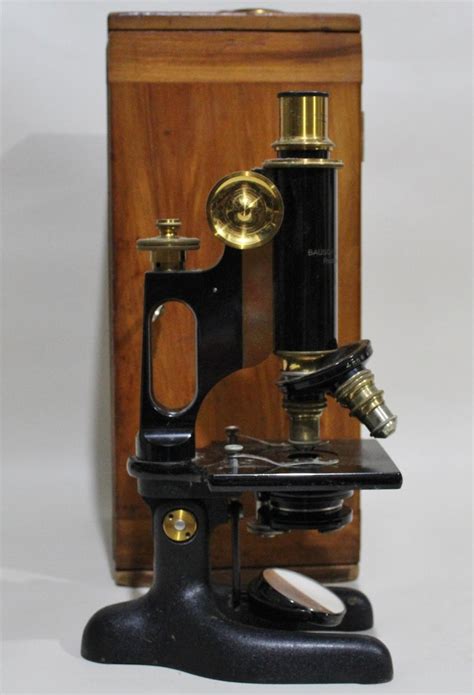 Bausch And Lomb Brass Monocular Scientific Microscope And Wood Case At