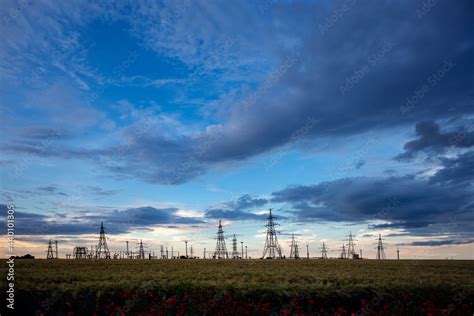 Power Lines And Sky With Clouds Wires Over The Fields Powerful Lines Of