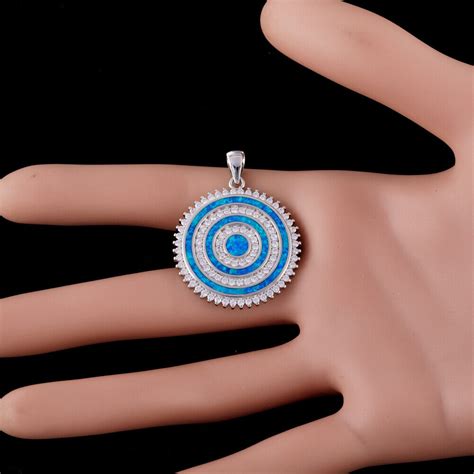 Large Circle Ocean Blue Fire Opal Cz Silver Jewelry Necklace Pendant Ebay