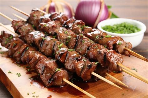 Premium AI Image | Vertical stack of glossy marinade slathered skewers