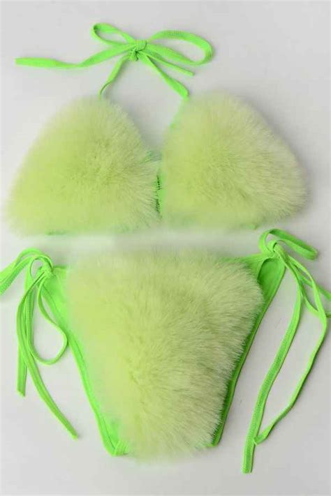 Sexy Fluffy Fur Bikini Swimwear Two Piece Set Wow Garments