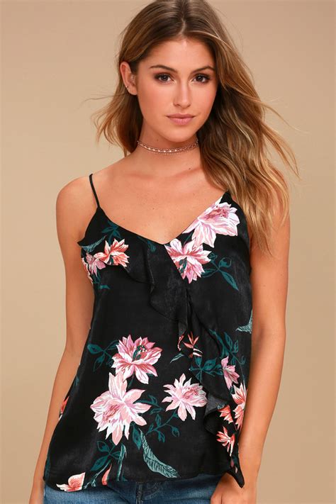 Chic Black Floral Print Tank Top Cami Top Satin Top Lulus