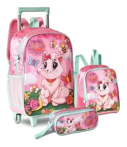 Kit Mochila De Rodinhas Infantil Escolar Gatinha Nini Clio Frete Gr Tis